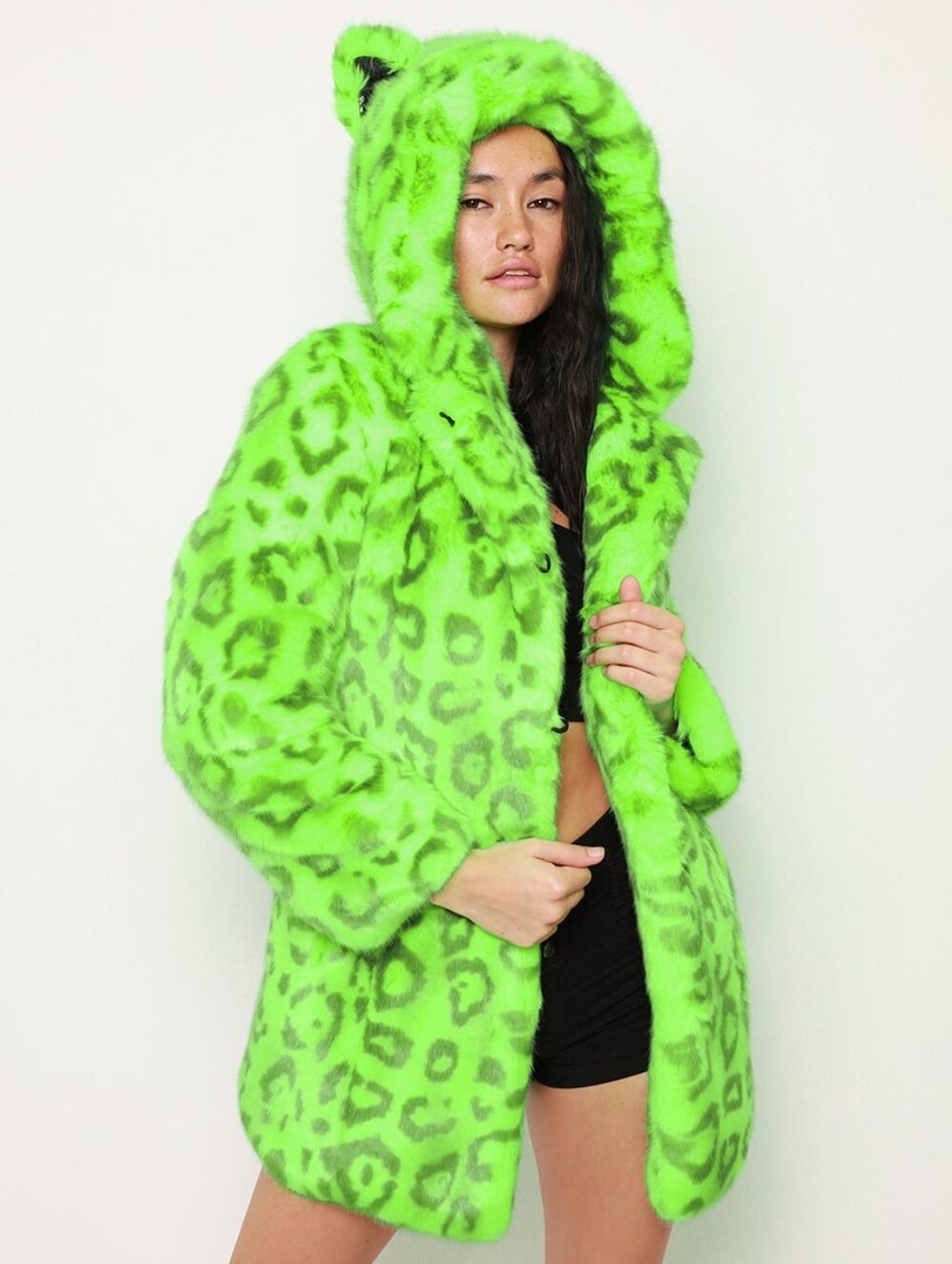 Spirithoods Neon Green Leopard Luxe Classic FauxFur Coat